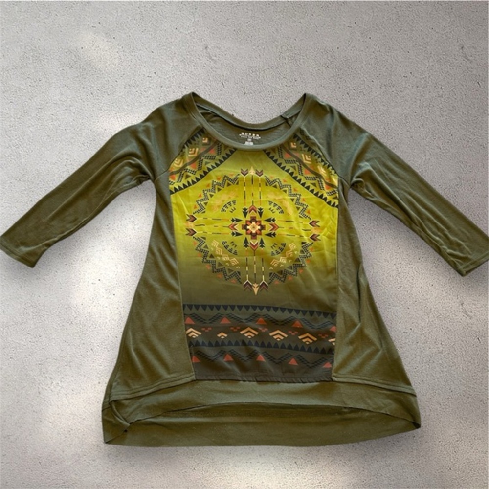 ROPER Aztec Print Tunic Top | Olive Green | Size S | Boho Western